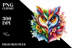 Abstract Vibrant Owl with Plant Leaves and 3D Flowers, PNG Product Image 3
