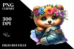 Cute Baby Bear with Floral Wreath, PNG Product Image 1