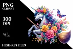 Vibrant Unicorn Witch with Flowers | Clipart Product Image 1