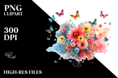 Flower with Butterfly Silhouettes Watercolor, Artistic PNG Product Image 2