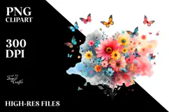 Flower with Butterfly Silhouettes Watercolor, Artistic PNG Product Image 2