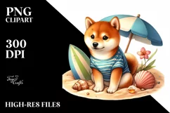 Shiba Inu in Sand with Surf and Shell | Clipart Product Image 1