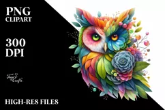 Abstract Vibrant Owl with Plant Leaves and 3D Flowers, PNG Product Image 3