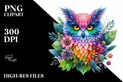 Abstract Vibrant Owl with Plant Leaves and 3D Flowers, PNG Product Image 1