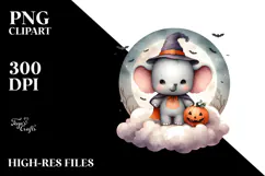 Cute Baby Elephant Halloween Retro Cloud Watercolor PNG Product Image 2