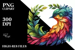 Abstract Vibrant Bird with Plant Leaves, PNG Product Image 1