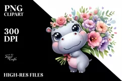 Cute Hippo Carrying Large Flower Bouquet | Clipart Product Image 3