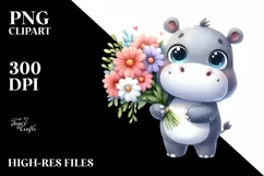 Cute Hippo Carrying Large Flower Bouquet | Clipart Product Image 3