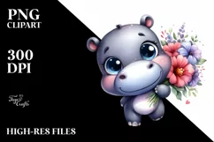 Cute Hippo Carrying Large Flower Bouquet | Clipart Product Image 3