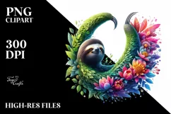 Abstract Vibrant Sloth with Plant Leaves and 3D Flowers, PNG Product Image 1