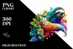 Abstract Vibrant Sloth with Plant Leaves and 3D Flowers, PNG Product Image 1