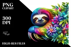 Abstract Vibrant Sloth with Plant Leaves and 3D Flowers, PNG Product Image 1