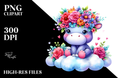 Cartoon-Style Hippo with Flower Crown, White Background Product Image 2