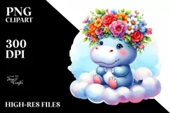Cute Baby Hippo Sitting on Cloud with Flower Crown PNG Product Image 3