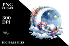 Unicorn Napping on a Moon | Watercolor Clipart Product Image 2