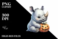 Cute Sitting Rhino with Halloween Pumpkin, PNG Product Image 3