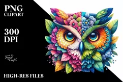 Abstract Vibrant Owl with Plant Leaves and 3D Flowers, PNG Product Image 3