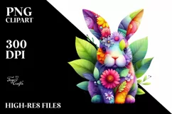 Abstract Vibrant Bunny with Plant Leaves and 3D Flowers, PNG Product Image 3