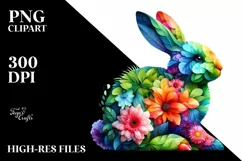 Abstract Vibrant Bunny with Plant Leaves and 3D Flowers, PNG Product Image 1