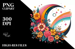 Retro Colorful Half Moon with Flowers, Transparent PNG Product Image 1