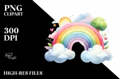 Colorful Watercolor Wimsicall Rainbow With Clouds | Product Image 3