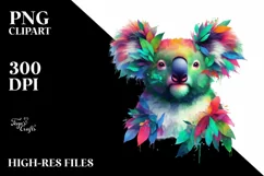 Abstract Vibrant Koala with Plant Leaves, PNG Product Image 1