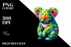 Abstract Vibrant Koala with Plant Leaves, PNG Product Image 1