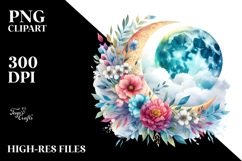 Vibrant Boho Moon with Flowers and Clouds | Clipart Product Image 2
