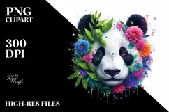 Abstract Vibrant Panda with Plant Leaves and 3D Flowers, PNG Product Image 1