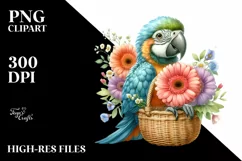 Watercolor Cute Baby Macaw with Flower Basket | Sublimation Product Image 1