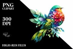 Abstract Vibrant Bird with Plant Leaves and 3D Flowers, PNG Product Image 1