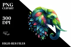 Vibrant Elephant with Plant Leaves, PNG Product Image 3