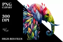 Vibrant Elephant with Plant Leaves, PNG Product Image 1