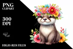 Watercolor Flower Crown Otter Clipart Product Image 1