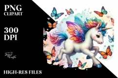 Colorful Baby Unicorn Chasing Butterflies, High-Res PNG Product Image 1