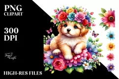 Cute Watercolor Puppy with Vibrant Flower Crown | Clipart Product Image 1