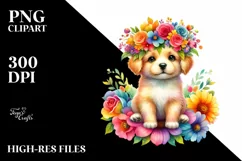 Cute Watercolor Puppy with Vibrant Flower Crown | Clipart Product Image 1