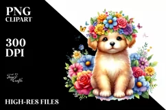 Cute Watercolor Puppy with Vibrant Flower Crown | Clipart Product Image 1