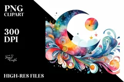 Colorful Watercolor Wimsical Vibrant Moon Clipart Product Image 3