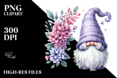 Adorable GNOME with Lilac Floral Frame, PNG Product Image 2