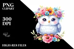 Cute Watercolor Owl with Vibrant Flower Crown | Clipart Product Image 1