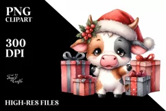 Enthusiastic Baby Cow in Santa Hat PNG Product Image 1