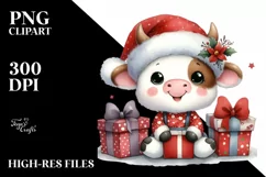 Enthusiastic Baby Cow in Santa Hat PNG Product Image 3