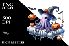 Watercolor Octopus Dressed for Halloween Sitting on Cloud Product Image 2