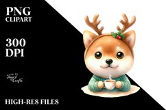 Enthusiastic Baby Shiba Inu with Reindeer Horns PNG Product Image 1