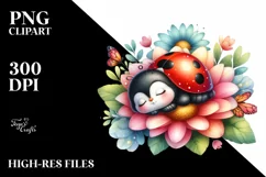 Colorful Baby Ladybug Sleeping Flower Watercolor | Clipart Product Image 1