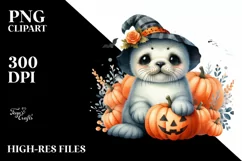 Cute Baby Seal Sitting with Pumpkin, PNG Product Image 1