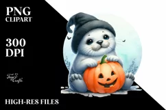 Cute Baby Seal Sitting with Pumpkin, PNG Product Image 3