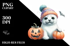Cute Baby Seal Sitting with Pumpkin, PNG Product Image 3