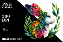 Vibrant Watercolor Rabbit with Plant Leaves, PNG Product Image 1